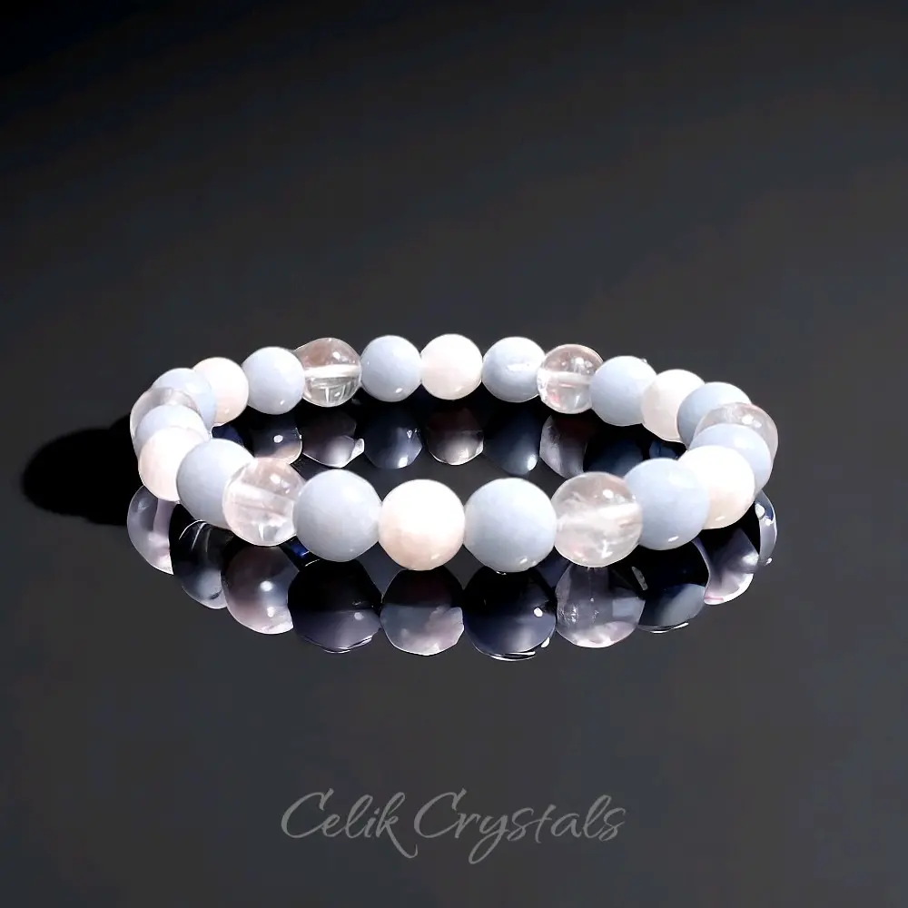 Clear Quartz, Moonstone and Angelite Bracelet, Stretches with 8mm Natural Crystal Beads calming crystals Triple Protection