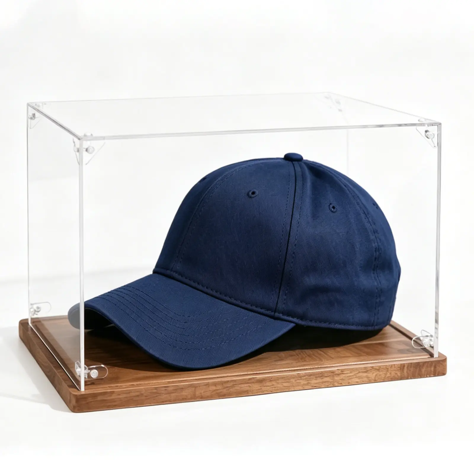 Hat Display Case – Clear Acrylic Baseball Cap Showcase Box with Wooden Base & Hat Support Shaper – Collector Cap Storage & Display Stand