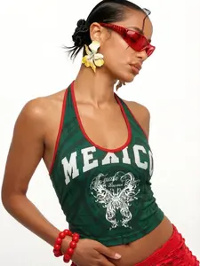 Millennial Mexican Butterfly Crop Top, Vintage Sleeveless Adjustable Tie Back Vest, Summer Streetwear for Parties, Beach, Daily Wear