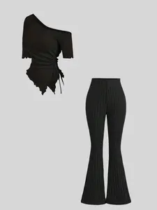 Two-Piece Set Women's Solid Ribbed Fitted Top & Flare Leg Pants, Casual Fashion Cozy Top & Bell Bottom Trousers for Daily Outdoor Wear, Ladies Clothes for Spring Fall, Suits, Womenswear, Casual Outfits Women