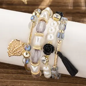 4pcs Bohemian Multi Layer Beads Bracelets Set for Women Girls Imitation Pearl Bead Leaf Pendant Elastic Tassels Bangle Bracelet Trend Jewelry Christmas Gift