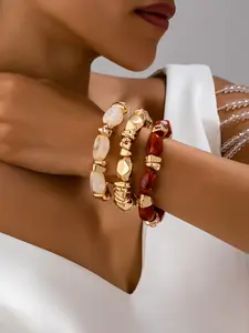 Women's Fashion Beaded Bracelet Set, Vintage Multi-Layer Acrylic Color Block Elastic String, Casual All-Season Jewelry Gift