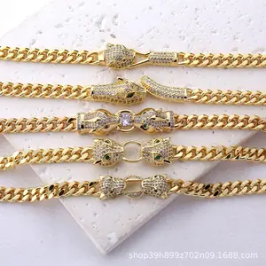 Iced Out Panther Cuban Link Bracelet Gold Plated Hip Hop Bling Leopard Head Chain for Men Women tarnish proof jewelry