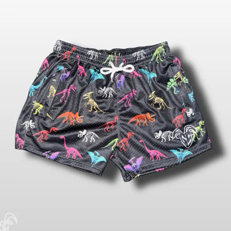 Goat Strength 5" Inseam Mesh Shorts - Dinosaur Themed Design - Athletic stretchy material breathable for workouts or just casual wear
