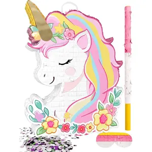 Unicorn Piñata for Birthday Party Girl, Princess Party Piñata with Wood Stick, Blindfold & Confetti, Rainbow Unicorn Birthday Decoration (15.6"x12.6"x3.1")