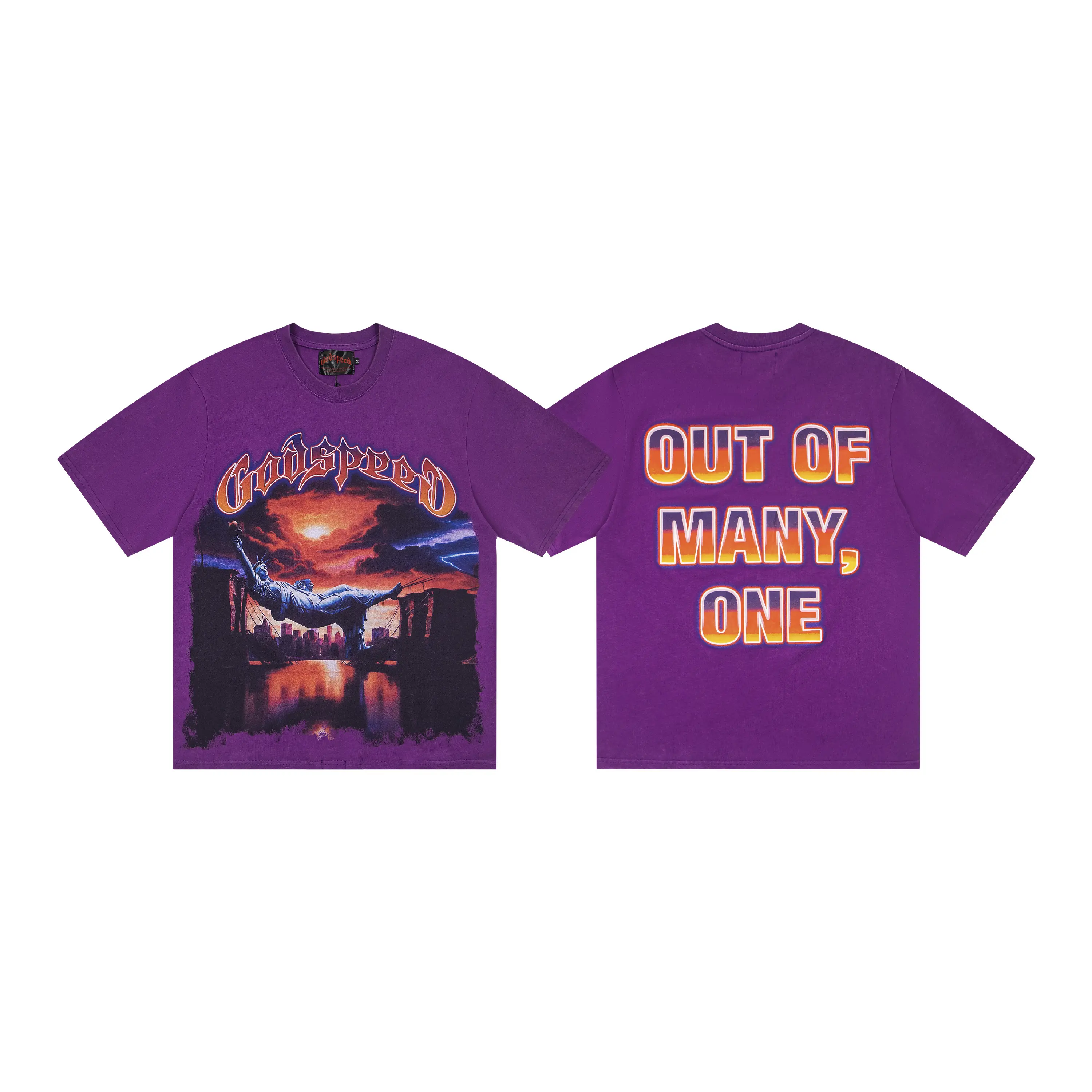GODSPEED DTG Print Dystopian Statue Graphic Tee Out Of Many One Y2K Grunge Washed Purple Mens Standard Fit