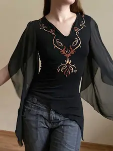 Vintage Floral Embroidered Asymmetric Patchwork Mesh Flare Sleeve V Neck Top Blouse for Women, Elegant Chic Slim Fit Long Sleeve Spring & Fall, Womenswear Embroidery