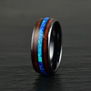The Glacier Ring - Black Ceramic Koa Wood Blue Opal Men's Wedding Band 8MM