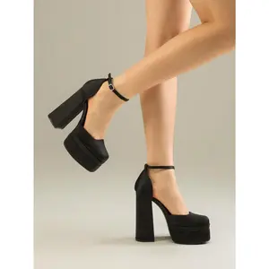 Women'SHighChunkyPlatformClosedToeBlockHeelsSquareToeAnkleStrapDressWeddingPartyPromPumpsShoes