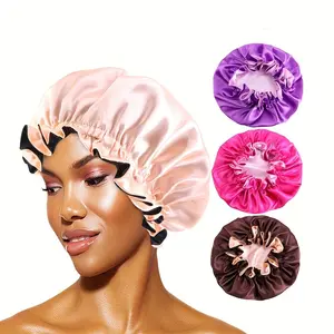 Adjustable 2-Pack 100% Polyester Ruffled Trim Bonnet for Women - Multicolor African Style Hair Care with Double Layer Ruffles Black Rose Red + Navy Purple (2 Pieces)