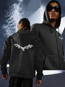 Street Fashion Men's Bat Shaped Letter Printed Hooded Zipper Sweatshirt for Daily Outings and Casual Wear