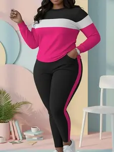 Plus Size Color Block Stripe Two-Piece Set Colorblock Stripe Print Comfortable Crew Neck Long Sleeve Top & Drawstring Pants Outfit Casual Wardrobe Staple Women's Clothing