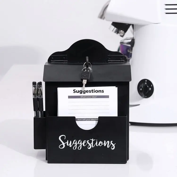 Metal Suggestion Box, Matte Black Wall Mounted or Tabletop Comment Box with Lock, Keys, Paper Sheet and Pen Holder Slots