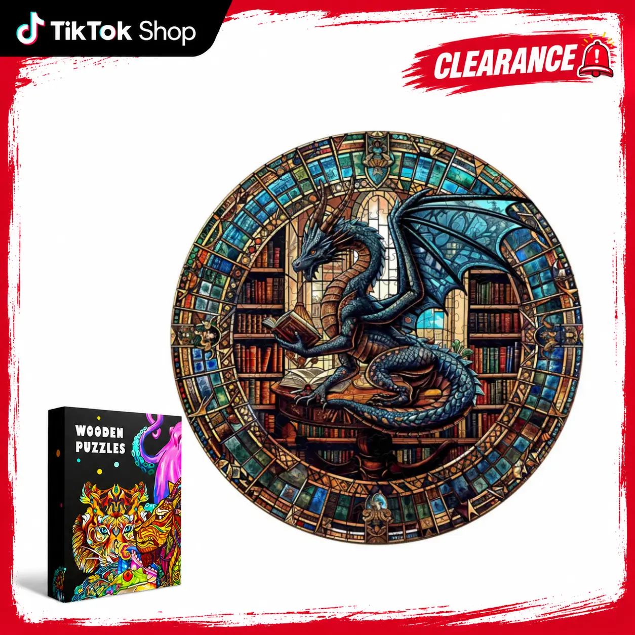 The Dragon's Library Puzzle, For kids (50-70pcs)，Wooden Jigsaw Puzzles Unique Shape, Birthday Creative Gifts for Adults and Kids Family Game