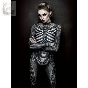 Women's Gothic Skeleton Jumpsuit White & Black Bone Print Long Sleeve Outfit Full Coverage Easy Care Fabric Perfect for Ghost Halloween  Inflatable Easter Rabbit  queen of hearts Trendy Polyester Crew Neck Cowgirl Disco  Suit flamingo costume lion Sexy