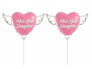 Miss You Daughter Memorial Balloon on a Stick – 8" Heart Shaped with Angel Wings | Graveside Tribute | 2 Balloons, 2 Sticks & 2 Clips
