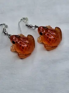 Amber Orange Glass Frog Earrings - Handcrafted Spotted Amphibian Dangle Earrings