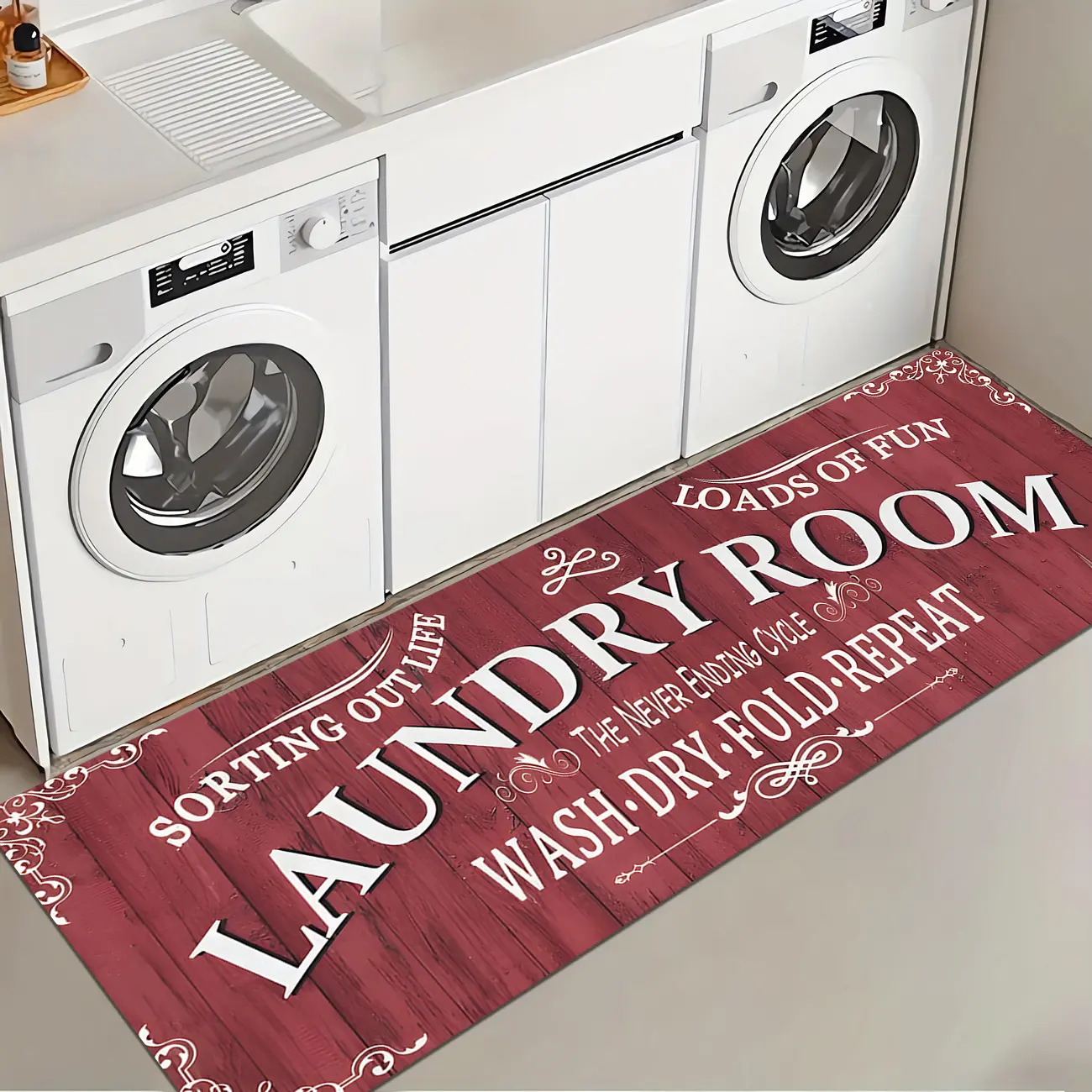 1 Pc Red Laundry Room Rug Soft And Comfortable Long Strip Carpet Printed Mat Anti Slip Floor Mat Suitable For Kitchen Living Room Bedroom Sink Laundry Room Decoration Carpet Mat