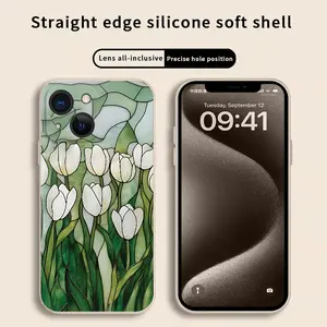 Softcase for iPhone11/12/13/14/15/16/promax/x/xs/xr/xsmax CaseWhite tulips, green leaves Anti-Fall Shockproof Protective Slim Cover