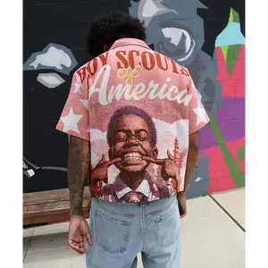 Sizx Handmade Boy Scout Tapestry Button Up Shirt Crewneck Round Neck