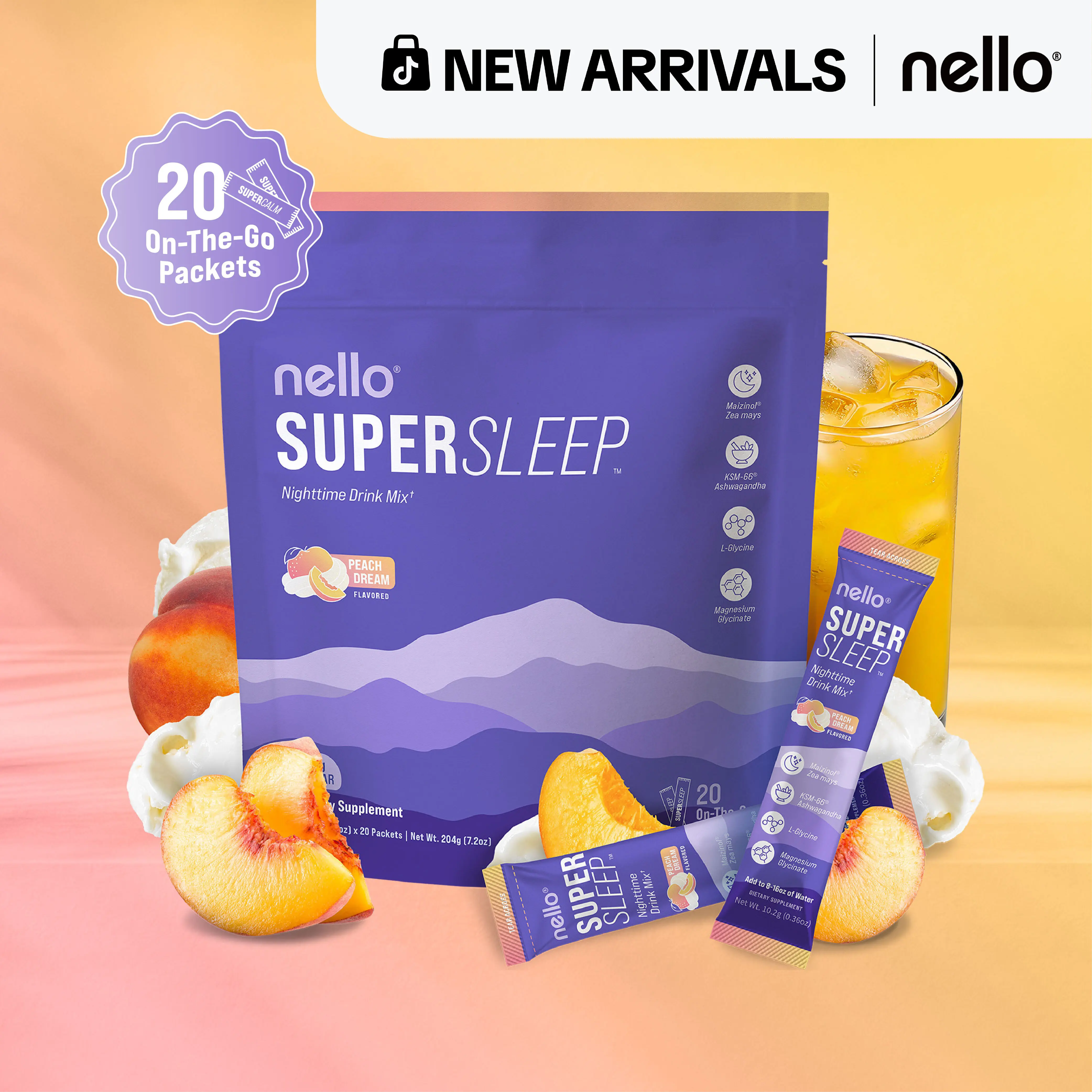 Nello Supersleep Nighttime Sleep Support Drink Mix, 20 Travel Packets, KSM-66 Ashwagandha, Maizinol, L-Glycine, Magnesium Glycinate, Melatonin-Free