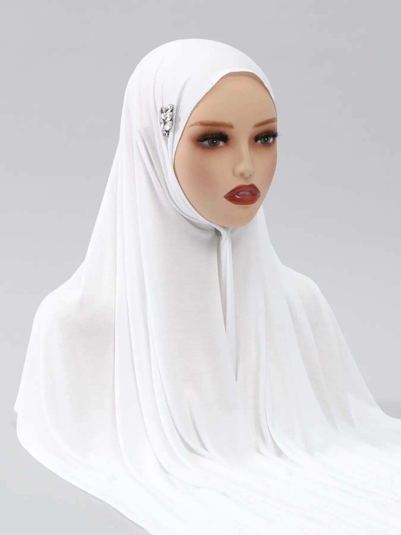Fashion Modal Jersey Stretchy Hijab Scarf with Leaf Rhinestones, Elegant Plain Headscarf, Modesty, Muslim Daily Wear, Prayer, Casual Turban, Breathable Long Shawl
