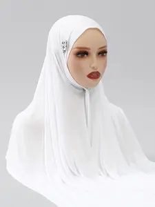 Fashion Modal Jersey Stretchy Hijab Scarf with Leaf Rhinestones, Elegant Plain Headscarf, Modesty, Muslim Daily Wear, Prayer, Casual Turban, Breathable Long Shawl