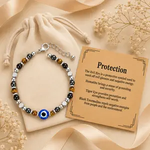 Evil Eye Protection Bracelet with Message Card, Tiger Eye Hematite Black Tourmaline Beaded Bracelet, Adjustable Silver-Tone Chain Bracelet for Women, Lucky Charm Jewelry Gift for Friends Family