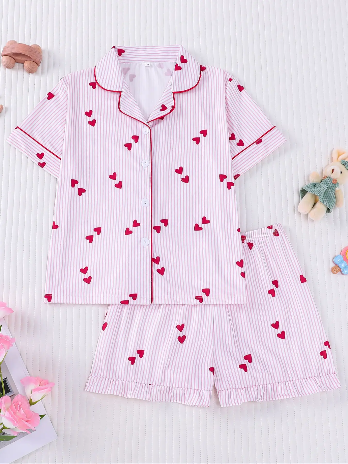 Kids Cute Heart Sleepwear Set, Fire Retardant Button Front Shirt and Elastic Waist Shorts, Casual Home Wear for Girls
