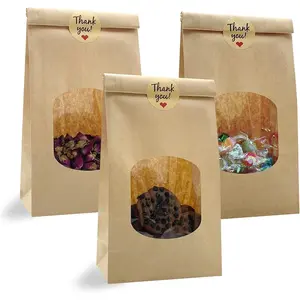 Cookie Bags for Packaging with Window Tin Tie Tab Lock & Thank You Sticker Labels Brown  Paper Bags for Goodies, Coffee Bean, Bakery, , -giving(25Pcs-4.7"x2.6"x9.5")