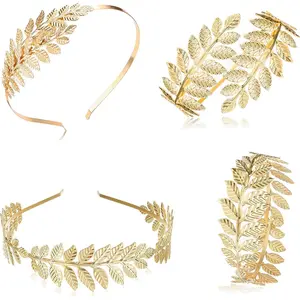 MILACOLATO 4PCS Greek Goddess Headband Arm Cuff Bridal Jewelry Set Roman Laurel Leaf Branch Crown Armlet Upper Arm Band Bracelet for Women Party Daily