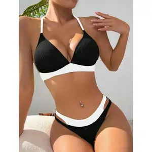 2026 New Women's Contrast Color Patchwork Two-Piece Bikini Modern Clean Lines Comfort Fit UV400 for Summer Beach Vacation TikTokShop