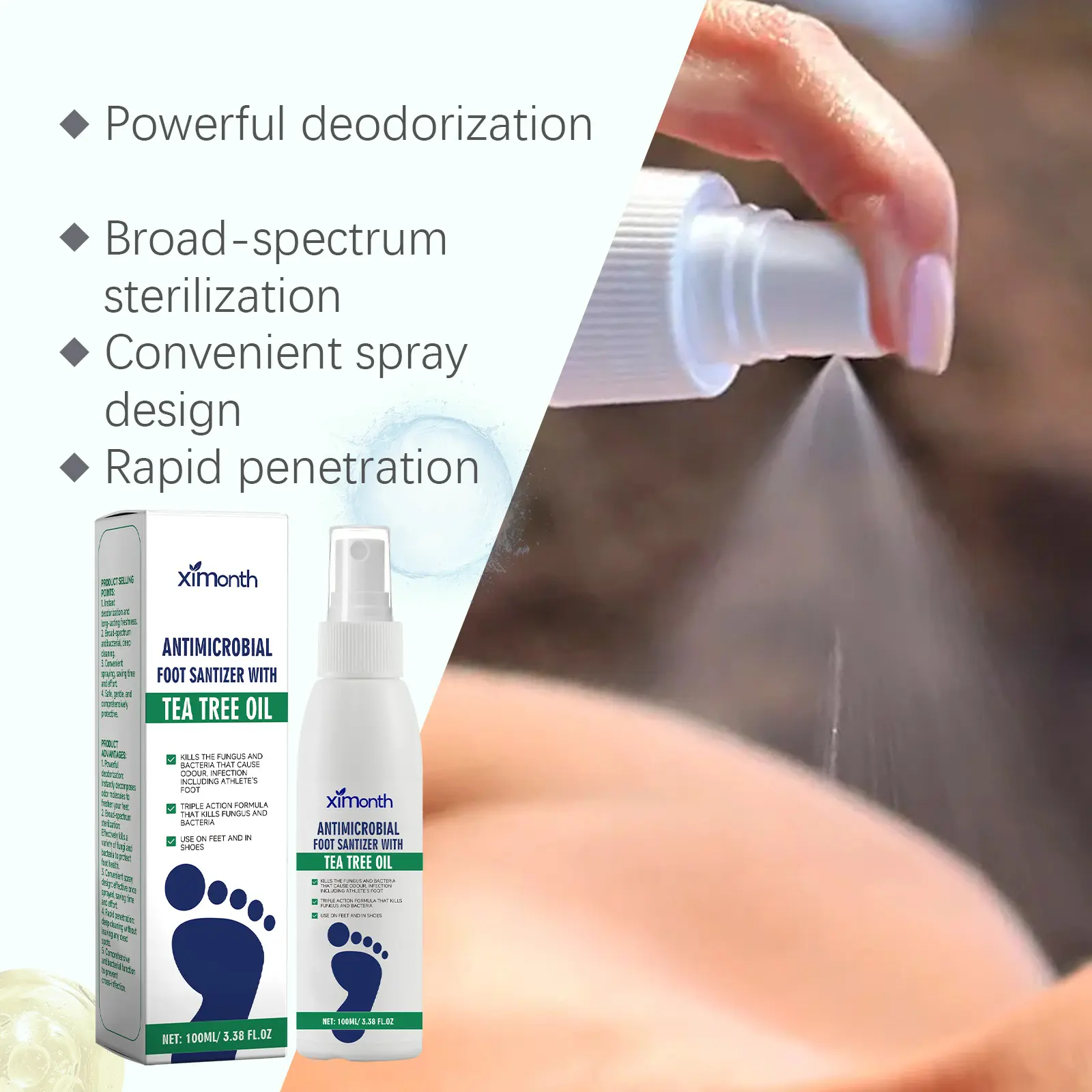 Tea Tree Foot Spray - Kills Fungus & Eliminates Foot Odor Fast - Repairs Cracked Heels & Moisturizes Dry Feet - Quick-Dry Antiseptic Care 100ML, Antifungal, Alcohol Free