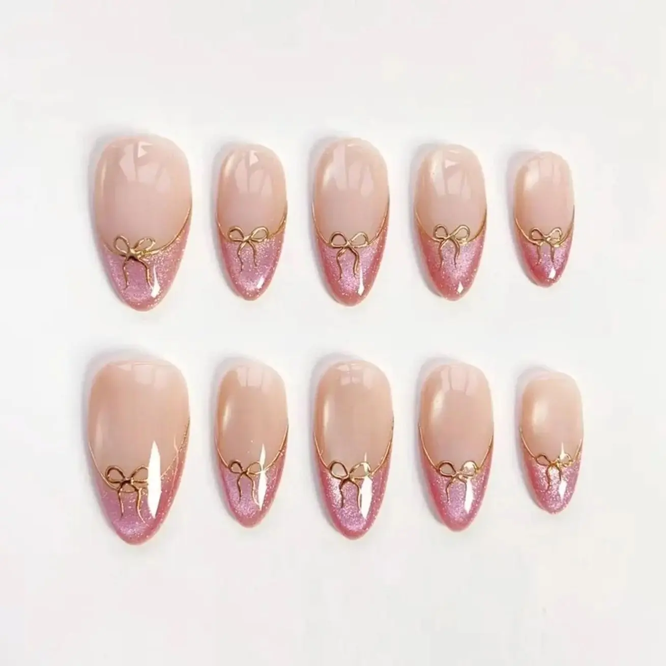 Pink Glitter French Press On Nails | Gold Bow Accent Almond Nails | Coquette Glossy Reusable Nail Set