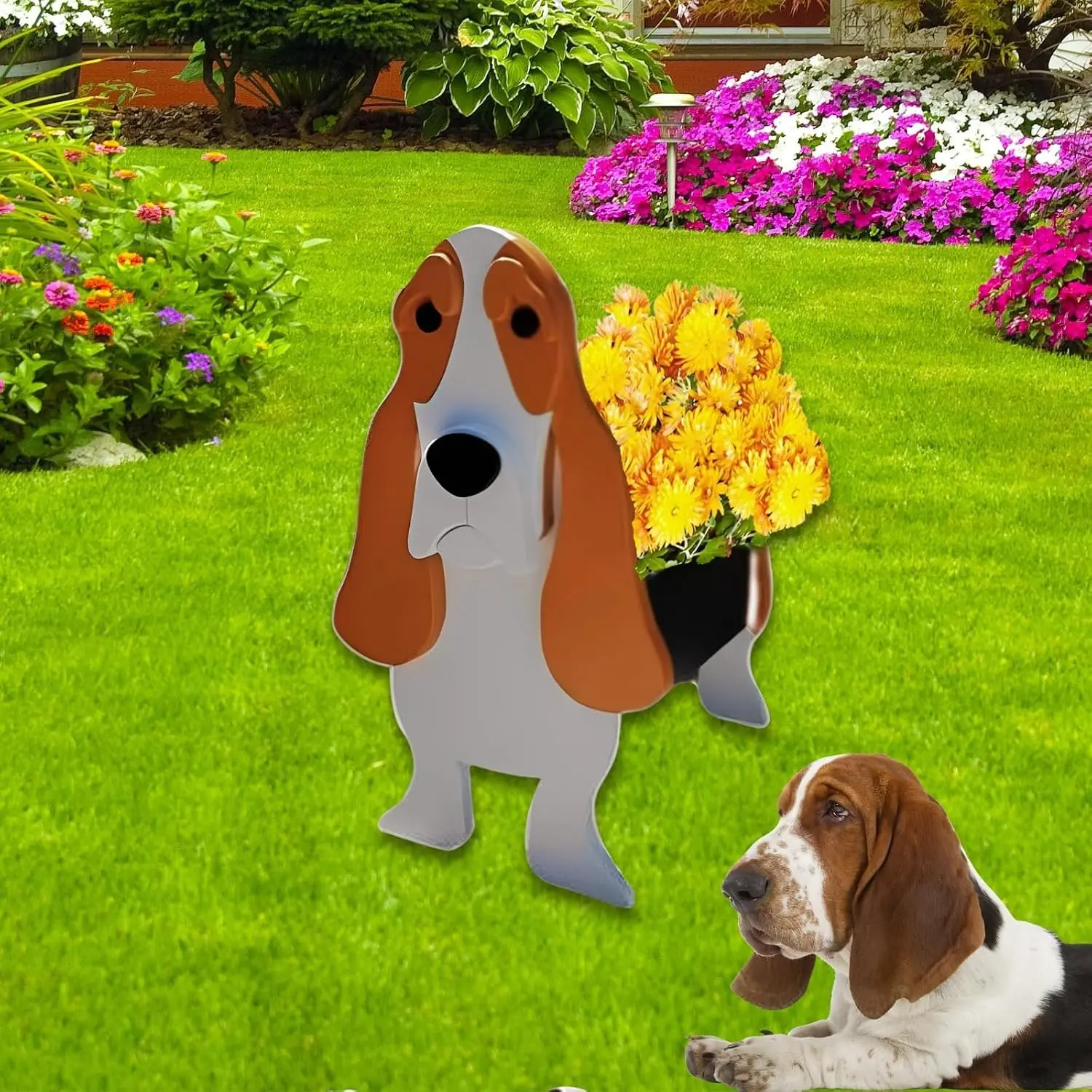 Basset Hound Dog Planter Pots, Animal Shaped Flower Pot | Large Cute Plant Gift for Women and Pet Lovers, Indoor Outdoor Garden Home Office Decor, 9.84 x 10.24 x 15.75 Inches