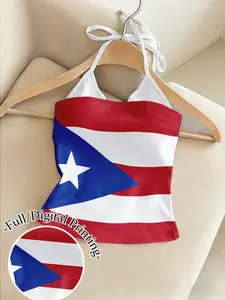 ZESTY Y2K Puerto Rico Print Casual Halter Neck Camisole 2 In 1 Tube Top Tees Summer Outfit Beach Vacation Trendy