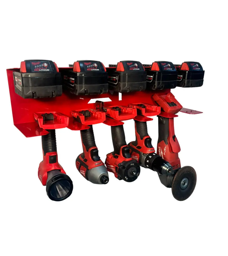 Drill and Battery Organizer - Compatible with Milwaukee 18v tools and batteries  - Holds 5 Cordless Tools & 5 Batteries - Red Powder Coat Finish - CNC Precision Lased - Wall Mounted - Fast Install - Heavy Duty Design - 100% Made in USA