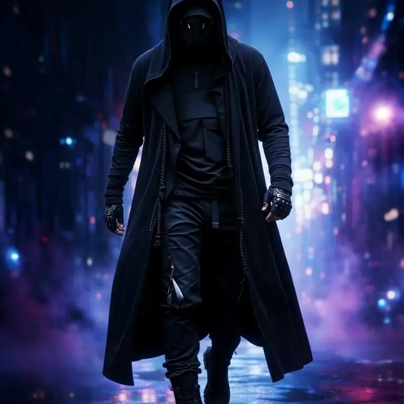 Men's Black Cyberpunk Hooded Long Coat, Loose Open-Front Dark Ninja Cape for Techwear, Cosplay and Halloween