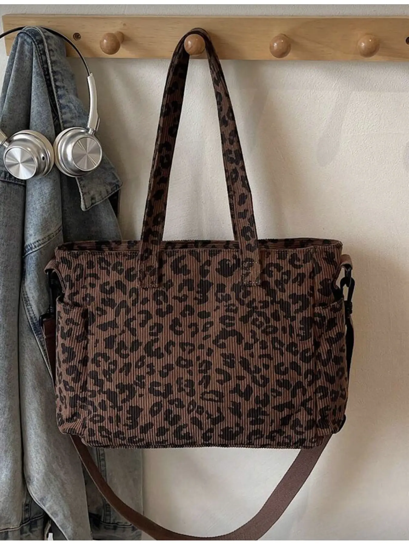 Women Leopard Print Corduroy Handbag Corduroy Tote Bag Fashionable