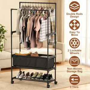 Double Rod Garment Hanging Rack with Storage Bag & Shelves – Portable Rectangle Iron Clothing Rack on Lockable Wheels, Height Adjustable Small Closet Organizer for Home, Bathroom, Black  Rectangle Rectangle