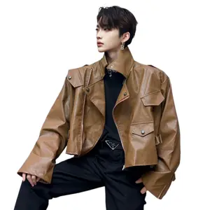 American-style short padded shoulder leather jacket for men, trendy and stylish for spring and autumn, high-end biker jacket