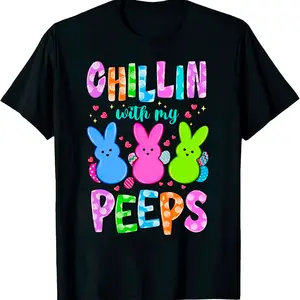 Women’s “Chillin’ with My Peeps” Easter Graphic T-Shirt, Cute Bunny & Chick Print Tee, Funny Easter Gift Shirt, Soft Breathable Cotton Top, Casual Spring Holiday Outfit, Short Sleeve Everyday Wear