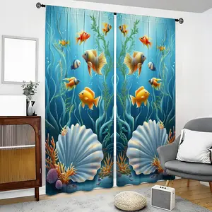 2pcs 100% Blackout Curtains With Thermal Insulation Lining, Fish schools and shells Printed Polyester Fabric,The underwater worldPocket Living Room Drapes, Suitable For Bedroom, Kitchen, Bathroom(52 Wide Each Panel,63inch or 84inch Length)