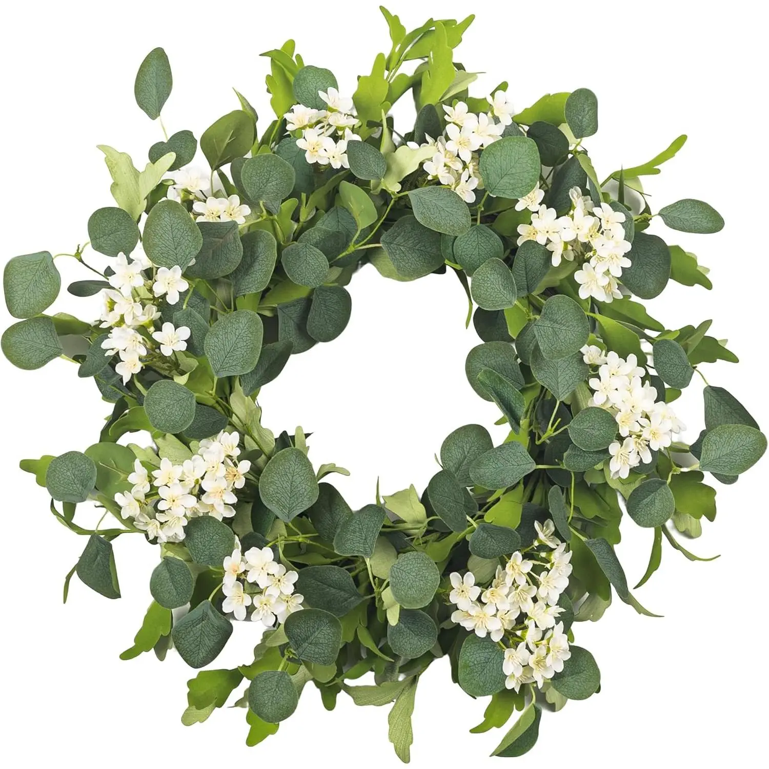 24in Decorative Floral Wreath for Front Door, Artificial Eucalyptus White Flower Cherry Blossom with Grapevine Base, Farmhouse Entryway Wedding Home Decor