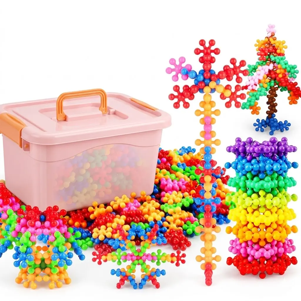 3D Plum Blossom Building Blocks - 300Pcs STEM Interlocking Snowflake Connectors, Creative DIY Educational Toys for Toddlers & Kids Aged 3+, Montessori Early Learning Set with Storage Box