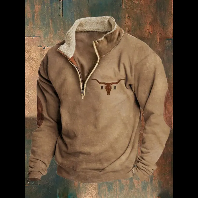 Men's Vintage Print Casual Long Sleeve 1/4 Zip Cowboy Sweatshirt, Western Aztec Fleece Pullover Sweatshirt, Winter Fall Men's Vintage Print Casual Long Sleeve 1/4 Zip Cowboy Sweatshirt, Western Aztec Fleece Pullover Sweatshirt, Winter Fall