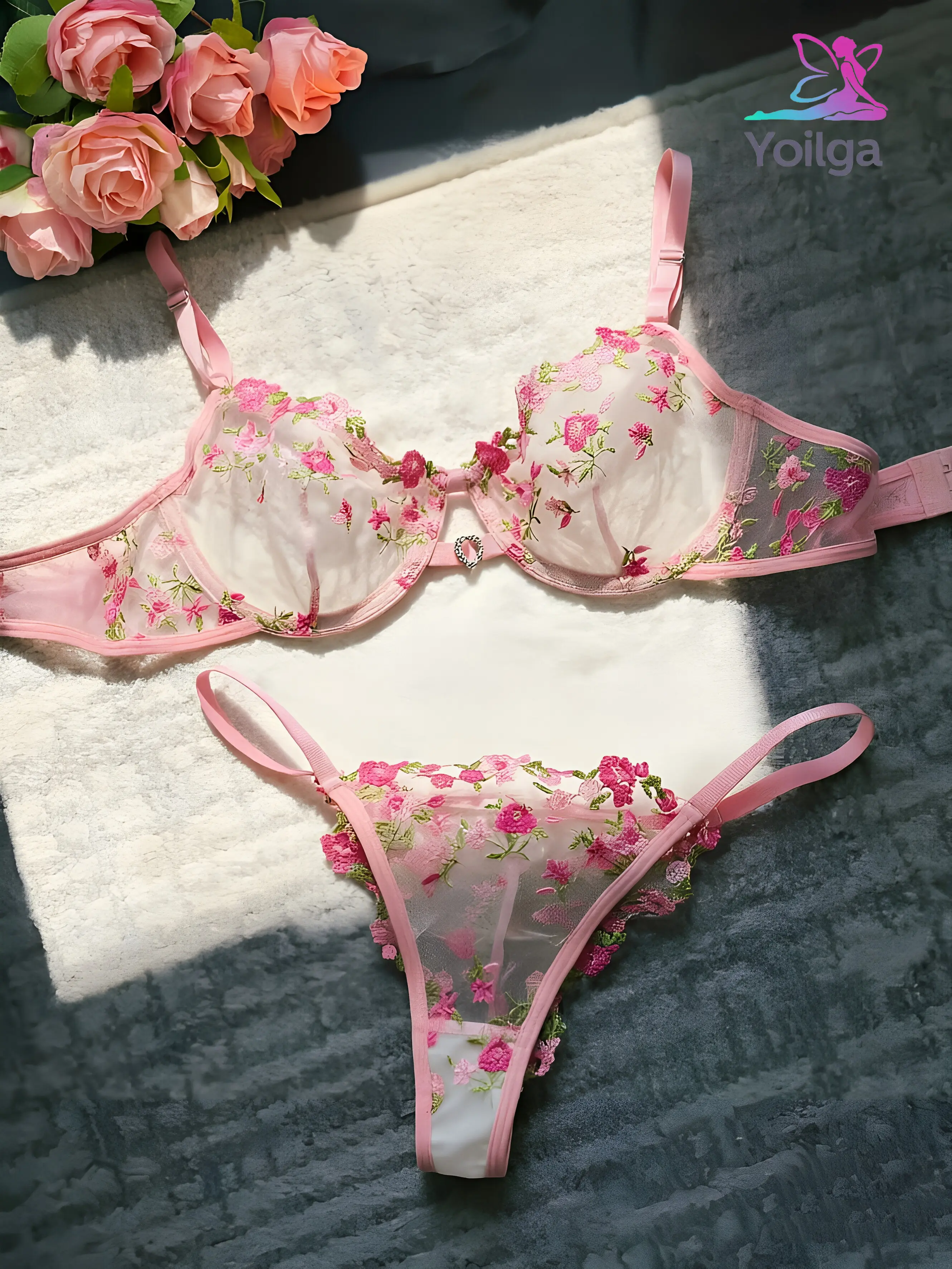 Women's Lingerie Set, 2-Piece French Style with Floral Embroidery, Blush Pink Mesh Bra and Thong with Underwire, Sexy, Polyester, Fantasy, Valentines Day, Two Pieces