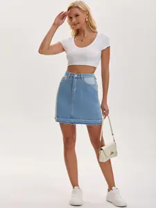 INSPIRE CHIC Women's Denim Mini Skirt Patchwork Color Block A Line High Waisted Short Jean Skirt