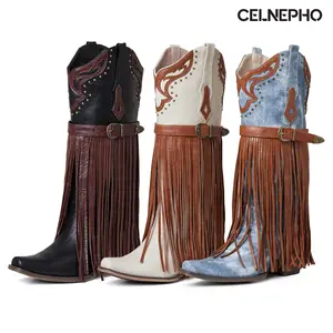 CELNEPHO Women Cowboy Boots Pointd Toe Fringe Boots Rivets Western Embroidered Mid Calf Metalic Buckle Design Easy Pull on Tabs Horse Riding Valentine Gift Spring Dress Shoes