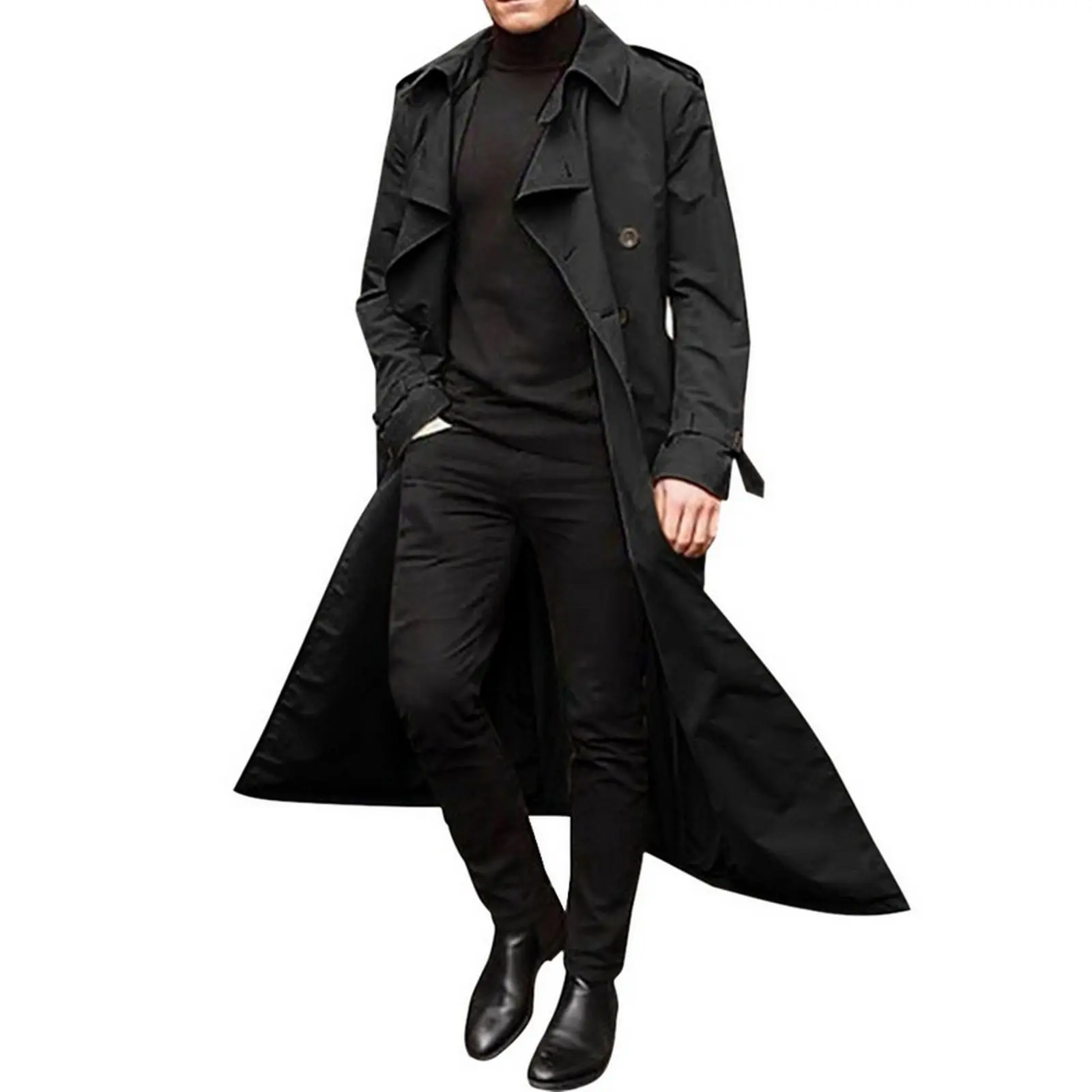 Men's Long Sleeve Double-Breasted Belted Trench Coat - Polyester Blend, Windproof, Waterproof Tops for Business & Casual Fall/Winter Sports & Outdoor Wear, 2XL Menswear Jacket